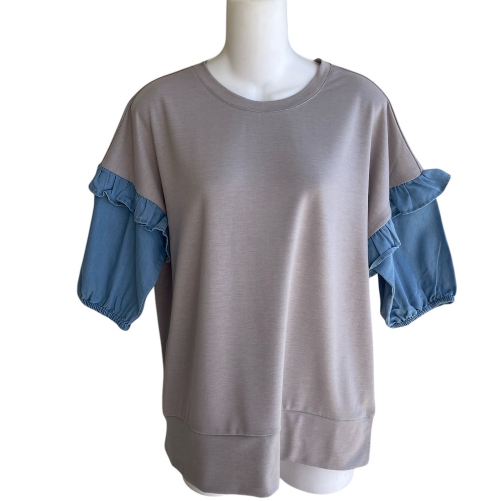 Laurie Felt Los Angeles Ruffle Sleeve Top Shirt Gray Chambray Mixed Media XS NWT